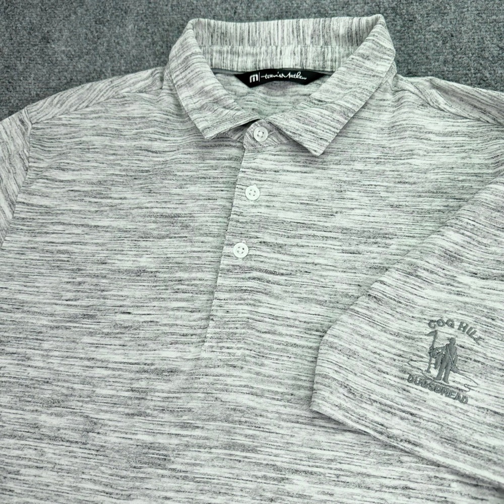 Travis Mathew Polo Shirt Mens Medium Heather Grey Cog Hill Dubsdread Poly Cotton